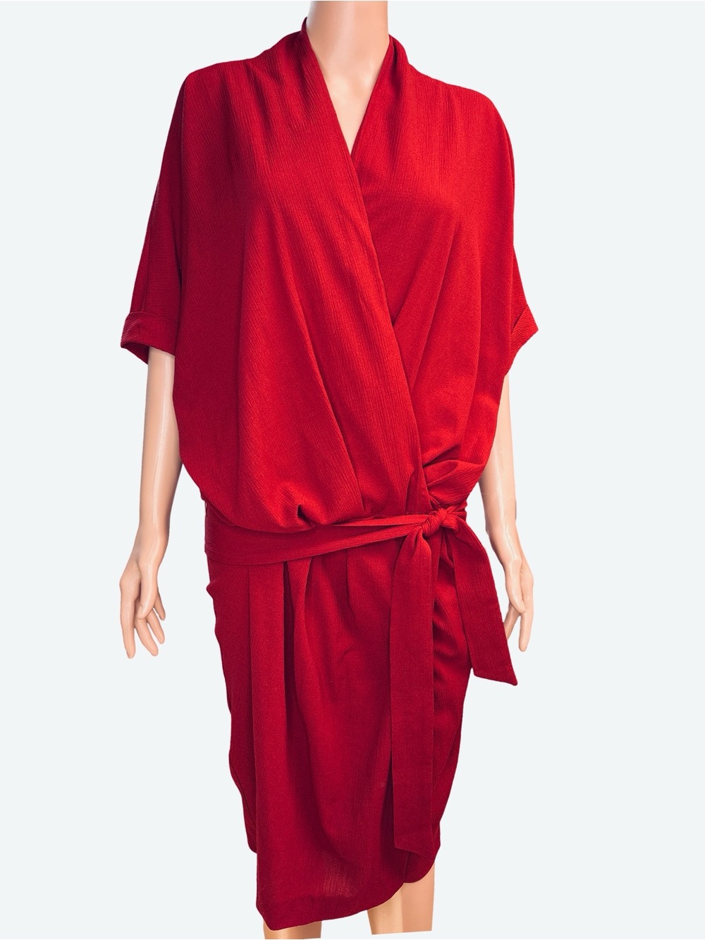 Effortless Red Wrap Dress with Adjustable Waist Tie Large